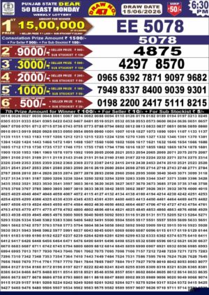 Punjab State Dear 50 6:30PM Lottery Result June 15 2026