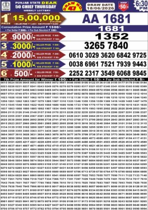 Punjab State Dear 50 6:30PM Lottery Result June 18 2026