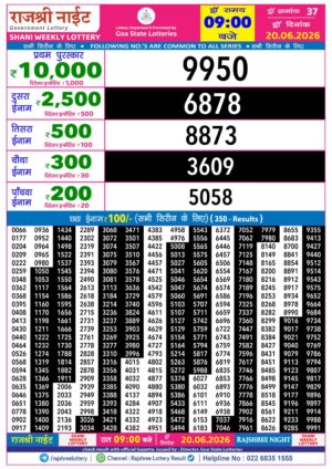 Rajshree Night 9PM Lottery Result June 20 2026