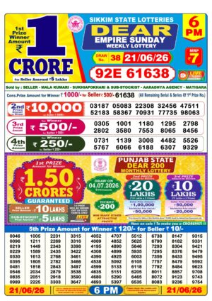 Sikkim Dear 6PM Result June 21 2026