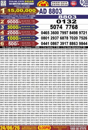 Punjab State Dear 50 6:30PM Lottery Result June 24 2026