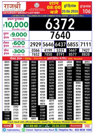 Mizoram State Rajshree 8PM Result June 20 2026
